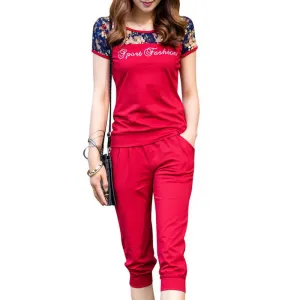 Lace Patchwork Women Fashion Sets 2 Pieces Lady Clothing Set Large Size M-4XL Summer Women Casual Suits Tops   Pants
