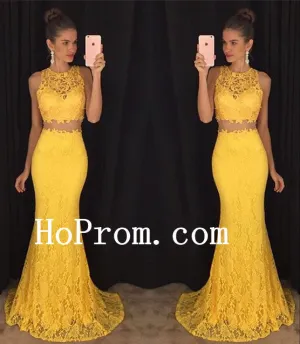 Lace Sleeveless Prom Dresses,Two Piece Prom Dress,Yellow Evening Dress