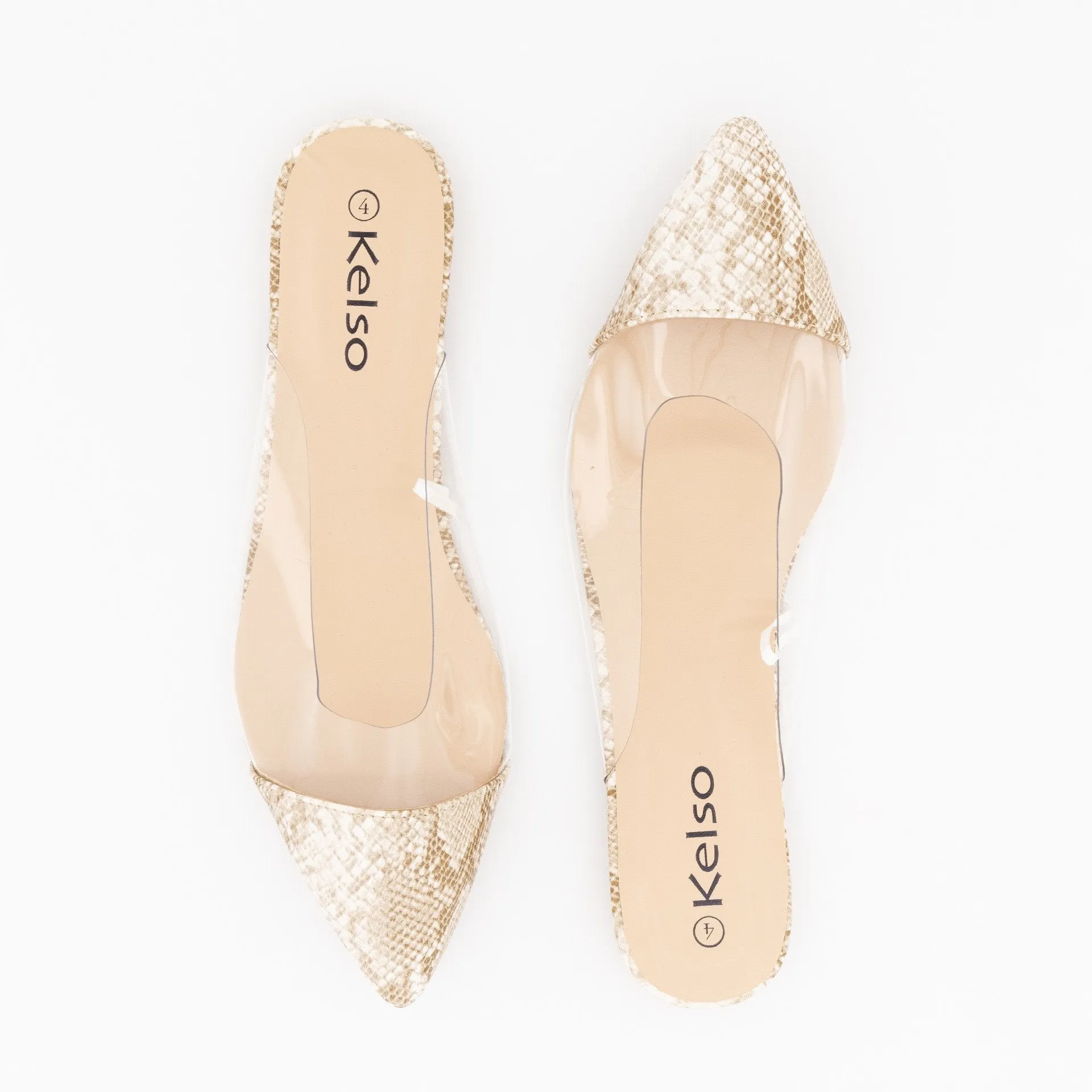 Ladies Vinyl Pointed Toe Flat Push-In Shoe-Beige