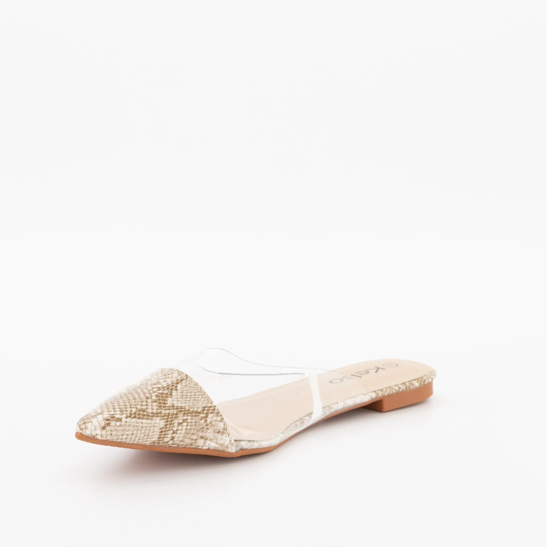 Ladies Vinyl Pointed Toe Flat Push-In Shoe-Beige