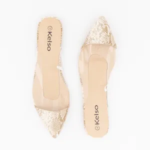 Ladies Vinyl Pointed Toe Flat Push-In Shoe-Beige