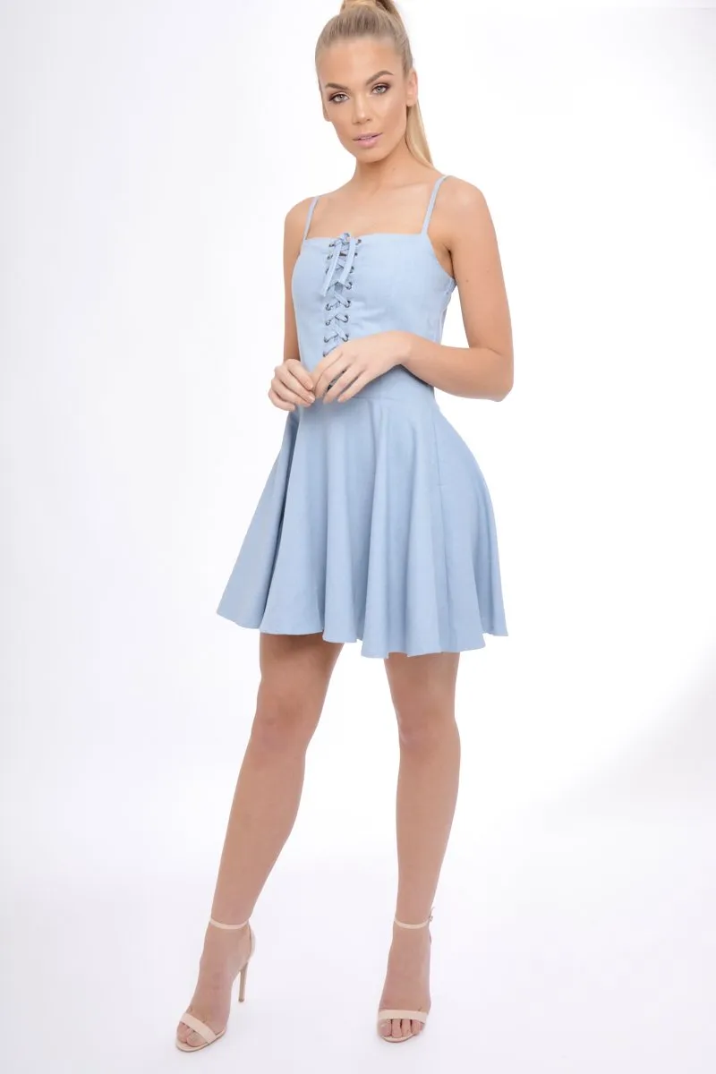 Light Denim Lace Up Strappy Skater Dress - Xanthe