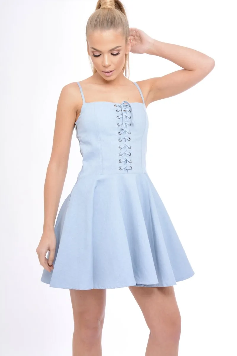Light Denim Lace Up Strappy Skater Dress - Xanthe