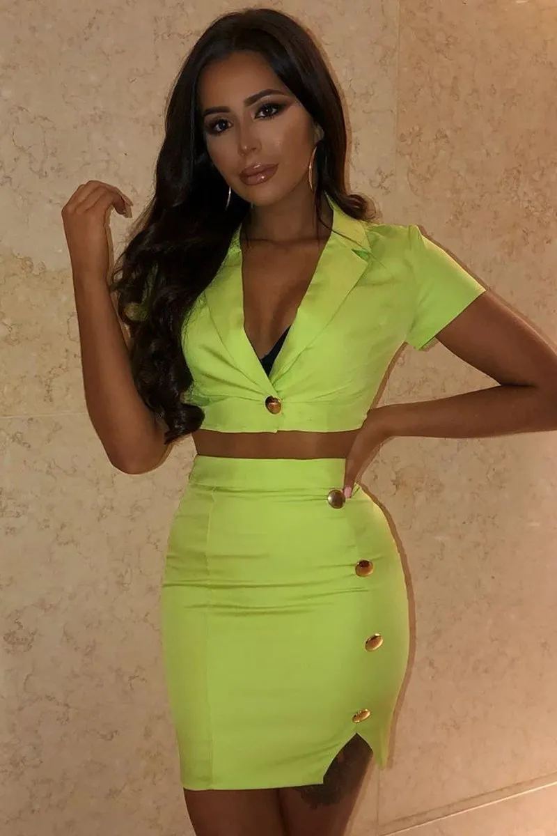 Lime Crop Gold Button Detail Shirt Co-Ord - Kaily