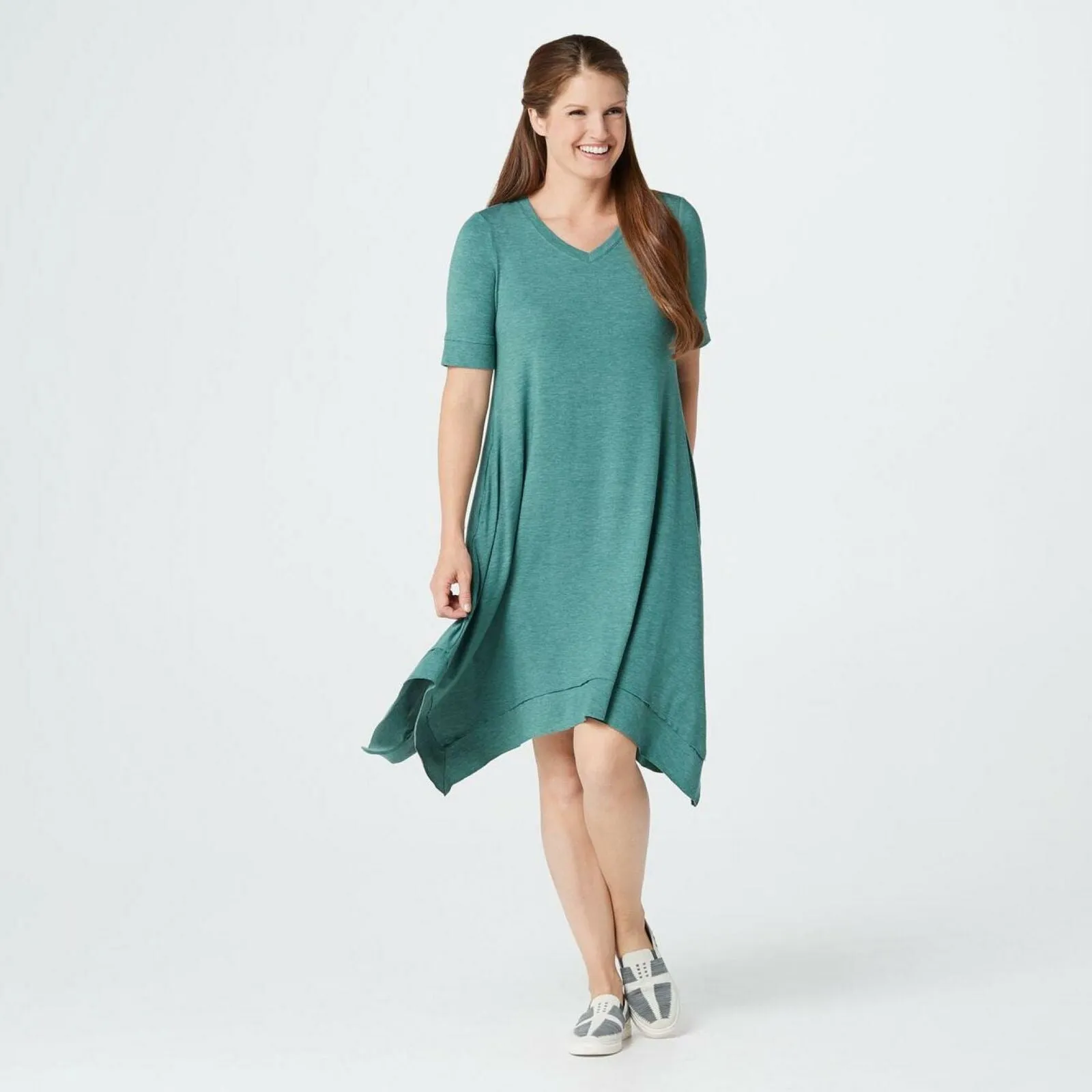 LOGO by Lori Goldstein Lounge Handkerchief Hem Jersey Dress Soft Teal Large