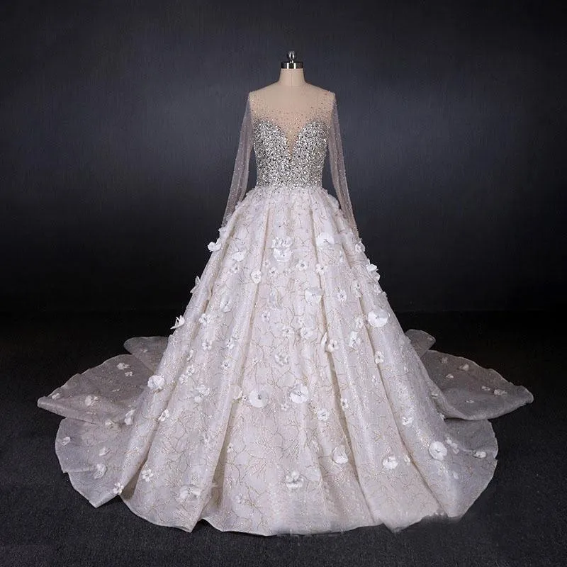 Luxurious Long Sleeves Flowers Ball Gown Wedding Dress, Bridal Dresses TN213