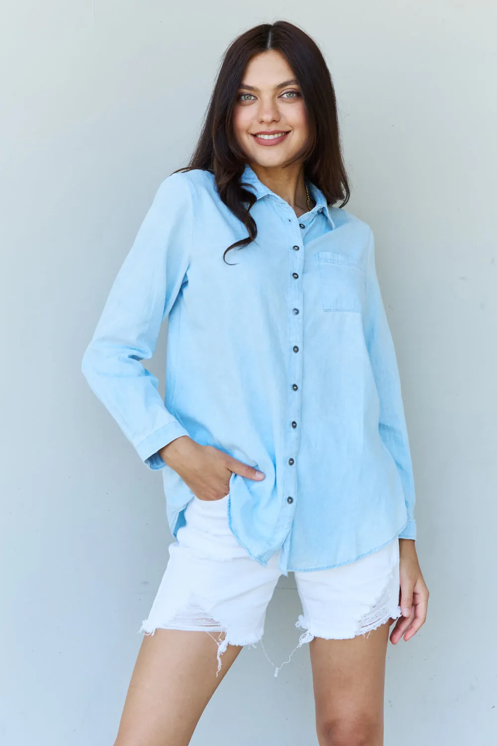 Lydia Denim Button Down Shirt Top in Light Blue