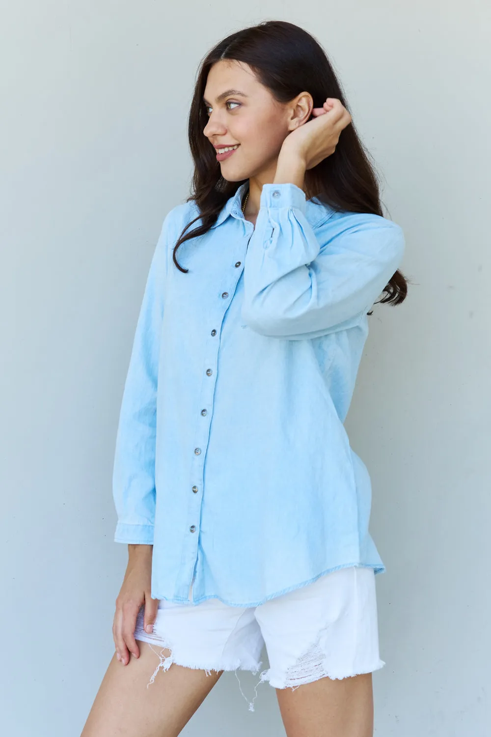 Lydia Denim Button Down Shirt Top in Light Blue