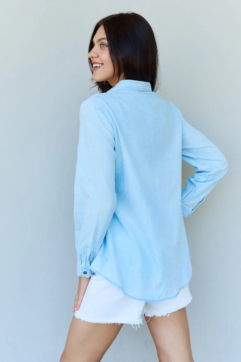 Lydia Denim Button Down Shirt Top in Light Blue