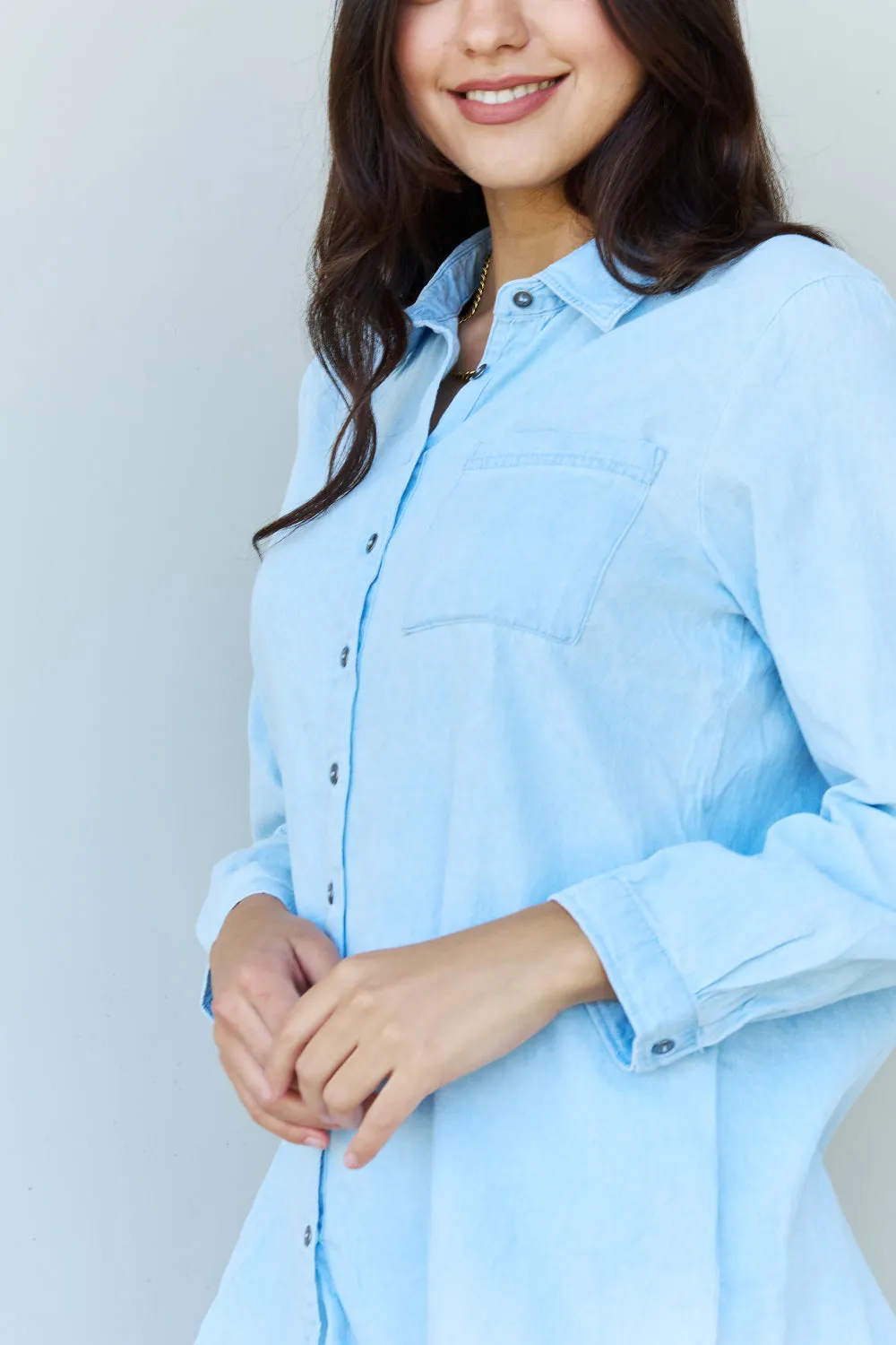 Lydia Denim Button Down Shirt Top in Light Blue