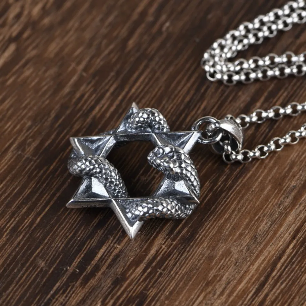Men‘s Real Solid 925 Sterling Silver Pendants Snake Fashion Six-Pointed Star