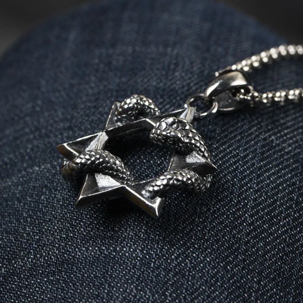 Men‘s Real Solid 925 Sterling Silver Pendants Snake Fashion Six-Pointed Star