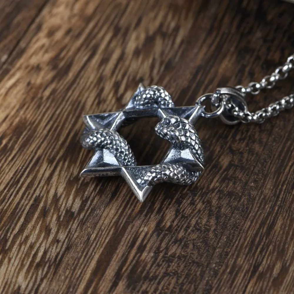 Men‘s Real Solid 925 Sterling Silver Pendants Snake Fashion Six-Pointed Star