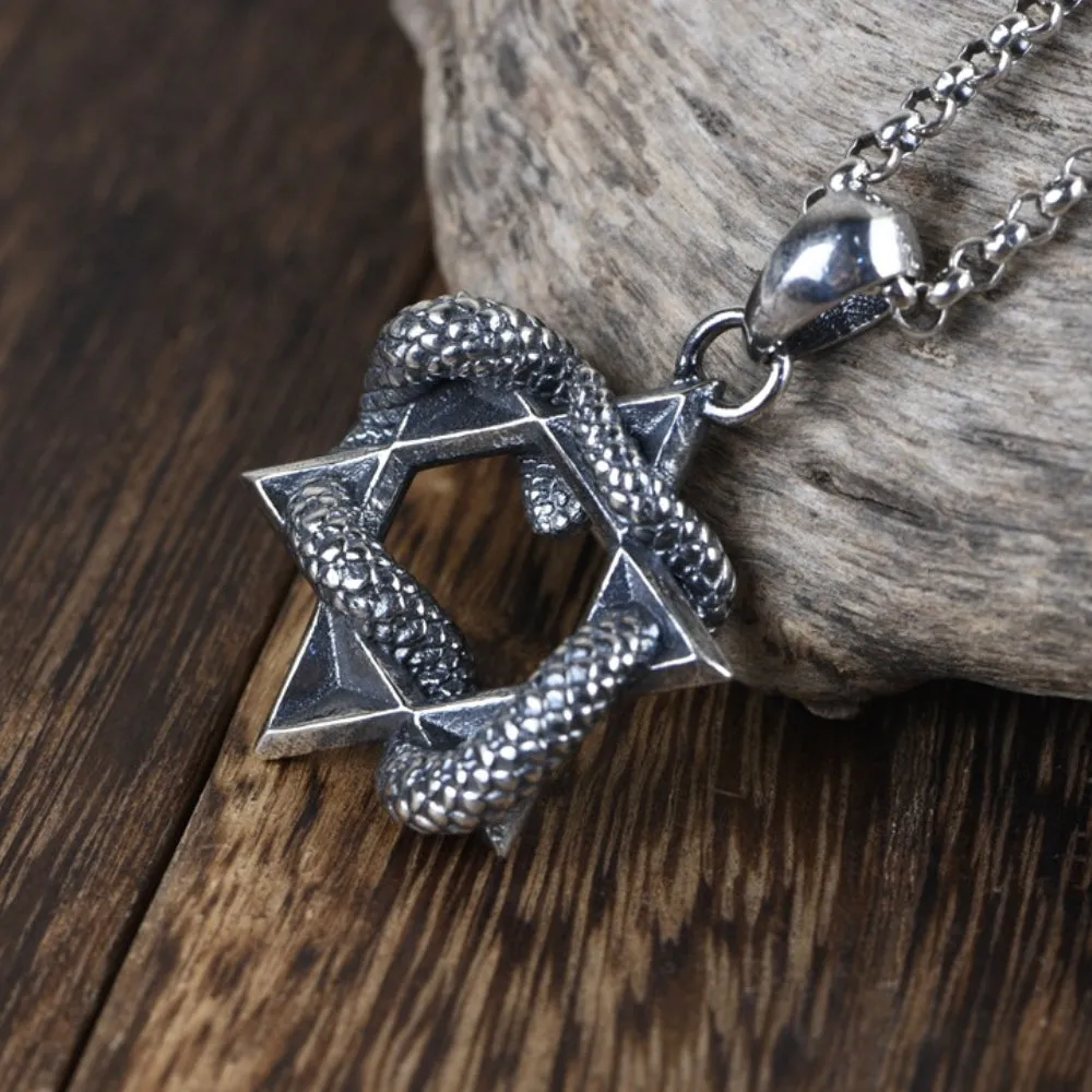 Men‘s Real Solid 925 Sterling Silver Pendants Snake Fashion Six-Pointed Star