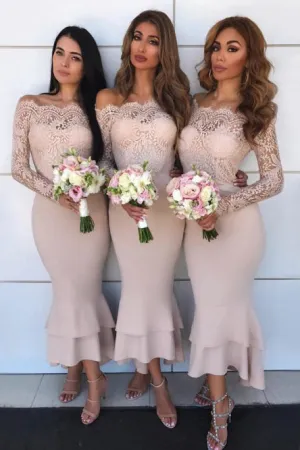 Mermaid Off-the-Shoulder Long Sleeves Hi-Low Bridesmaid Dress with Lace OHS068