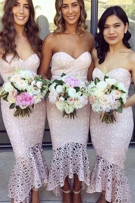 Mermaid Sweetheart Hi-Low Sleeveless Lace Bridesmaid Dress OHS046