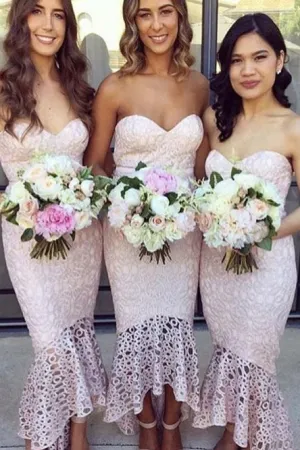 Mermaid Sweetheart Hi-Low Sleeveless Lace Bridesmaid Dress OHS046
