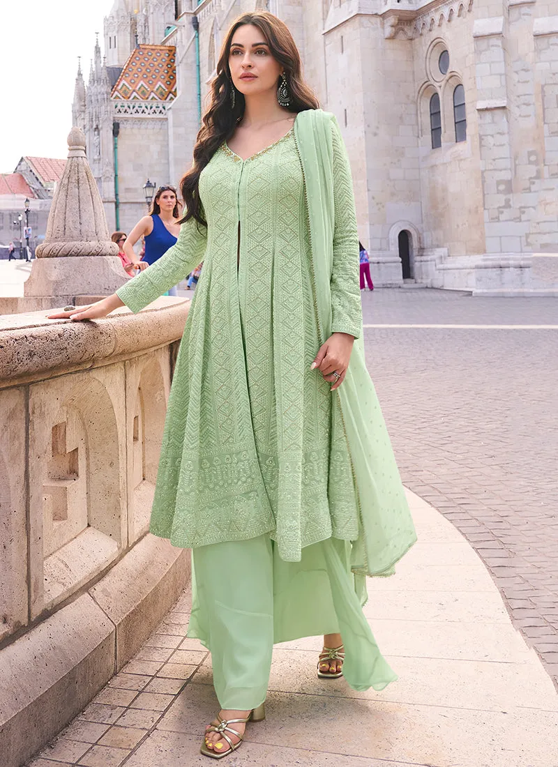 Mint Green Lucknowi Embroidery Slit Style Anarkali Suit