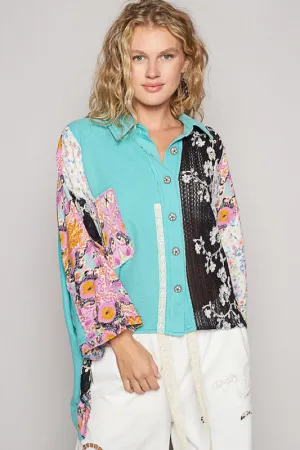 Mixed Material Flowy Top by POL - Peacock Blue