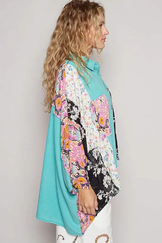 Mixed Material Flowy Top by POL - Peacock Blue