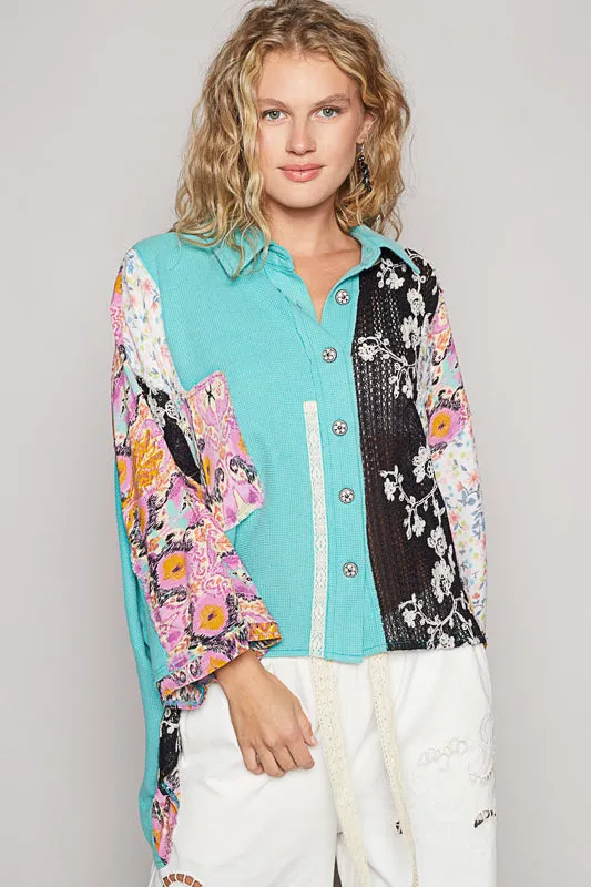 Mixed Material Flowy Top by POL - Peacock Blue