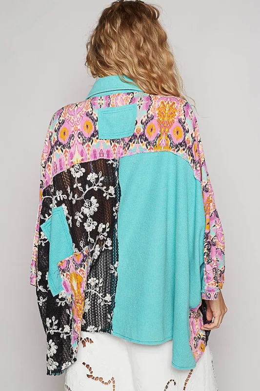 Mixed Material Flowy Top by POL - Peacock Blue