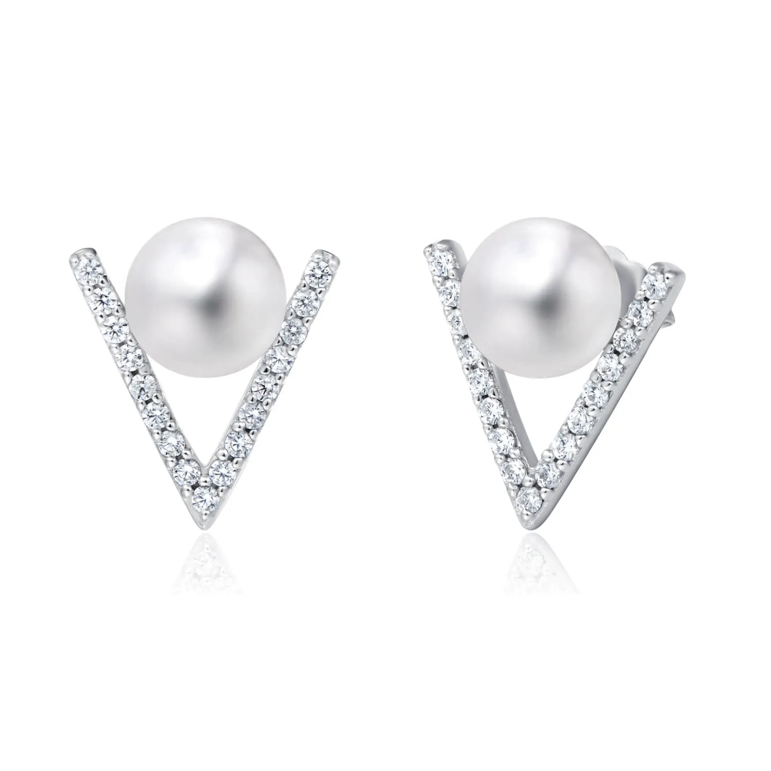 Molah Silver Freshwater Pearl and CZ Chevron Pearl Stud Earrings