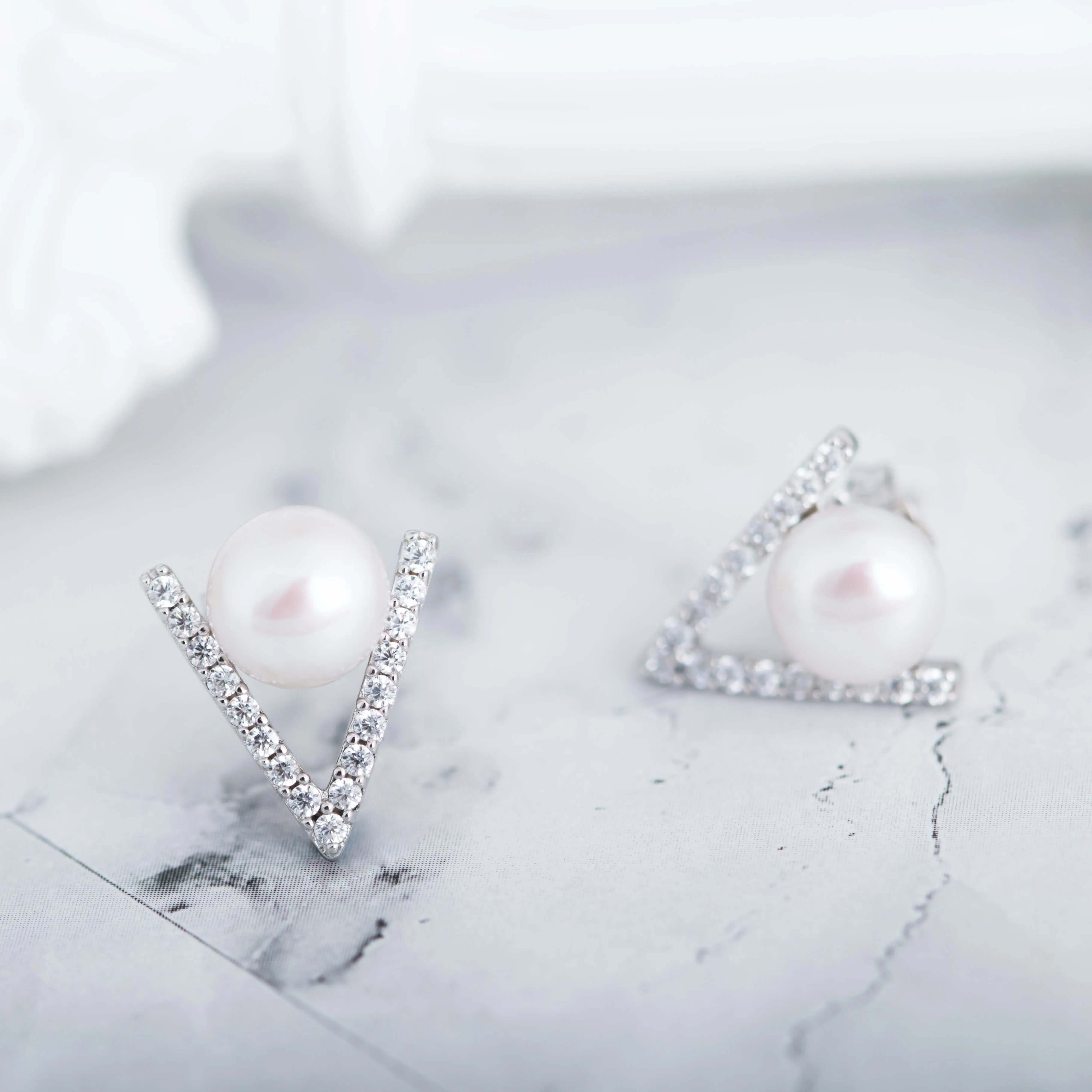 Molah Silver Freshwater Pearl and CZ Chevron Pearl Stud Earrings