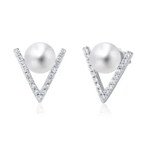 Molah Silver Freshwater Pearl and CZ Chevron Pearl Stud Earrings