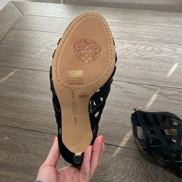 NEW Vince Camuto Tatianna Black Cutout Suede Peep Toe Heels | Size 8 1/2