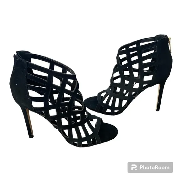 NEW Vince Camuto Tatianna Black Cutout Suede Peep Toe Heels | Size 8 1/2