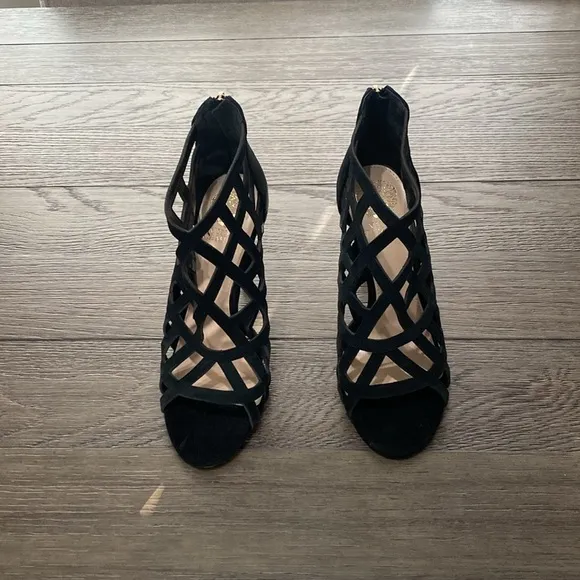 NEW Vince Camuto Tatianna Black Cutout Suede Peep Toe Heels | Size 8 1/2