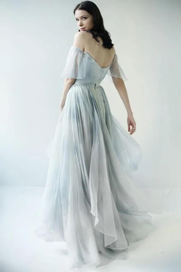 Off-the-Shoulder Unique Grey Blue Long Prom Dresses Wedding Dresses TN249