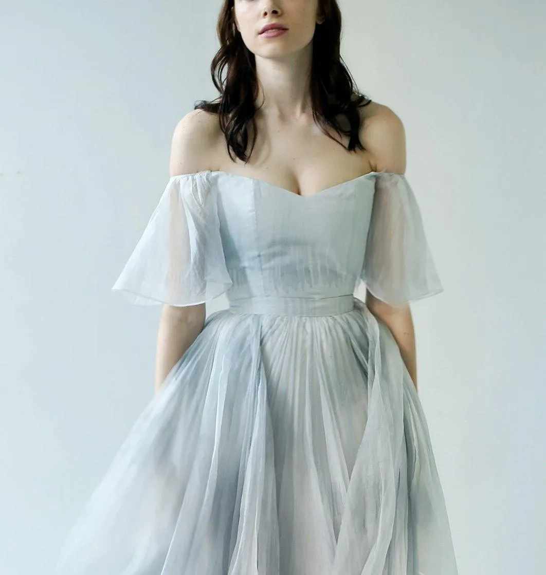 Off-the-Shoulder Unique Grey Blue Long Prom Dresses Wedding Dresses TN249