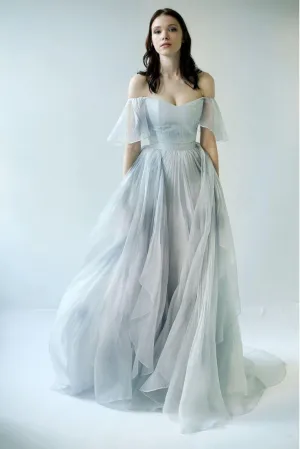 Off-the-Shoulder Unique Grey Blue Long Prom Dresses Wedding Dresses TN249