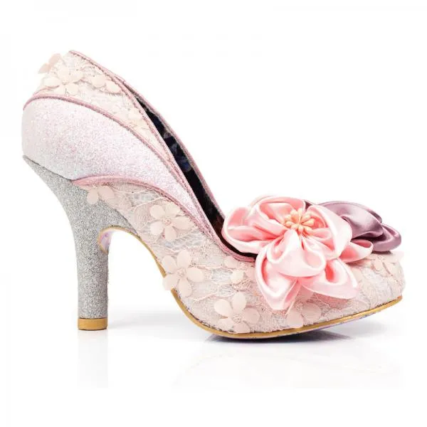 Peach Melba Silk Flower Glitter Heel Pump - Size