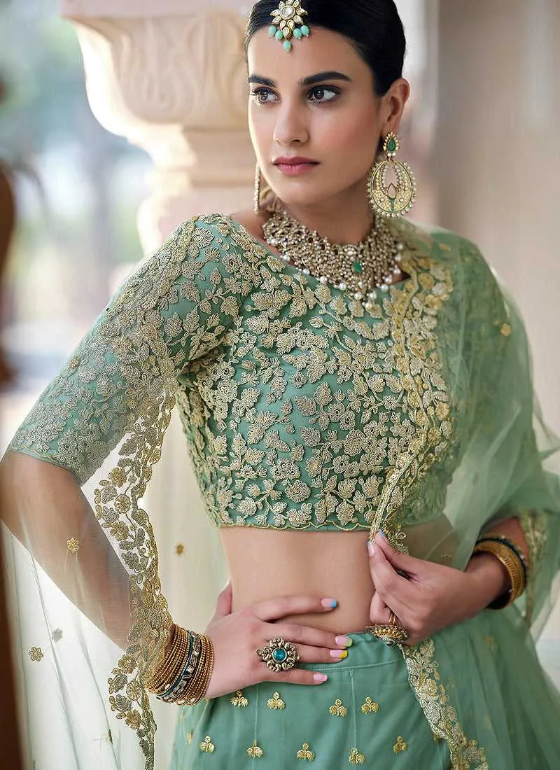 Pista Green Floral Embroidered Stylish Wedding Lehenga