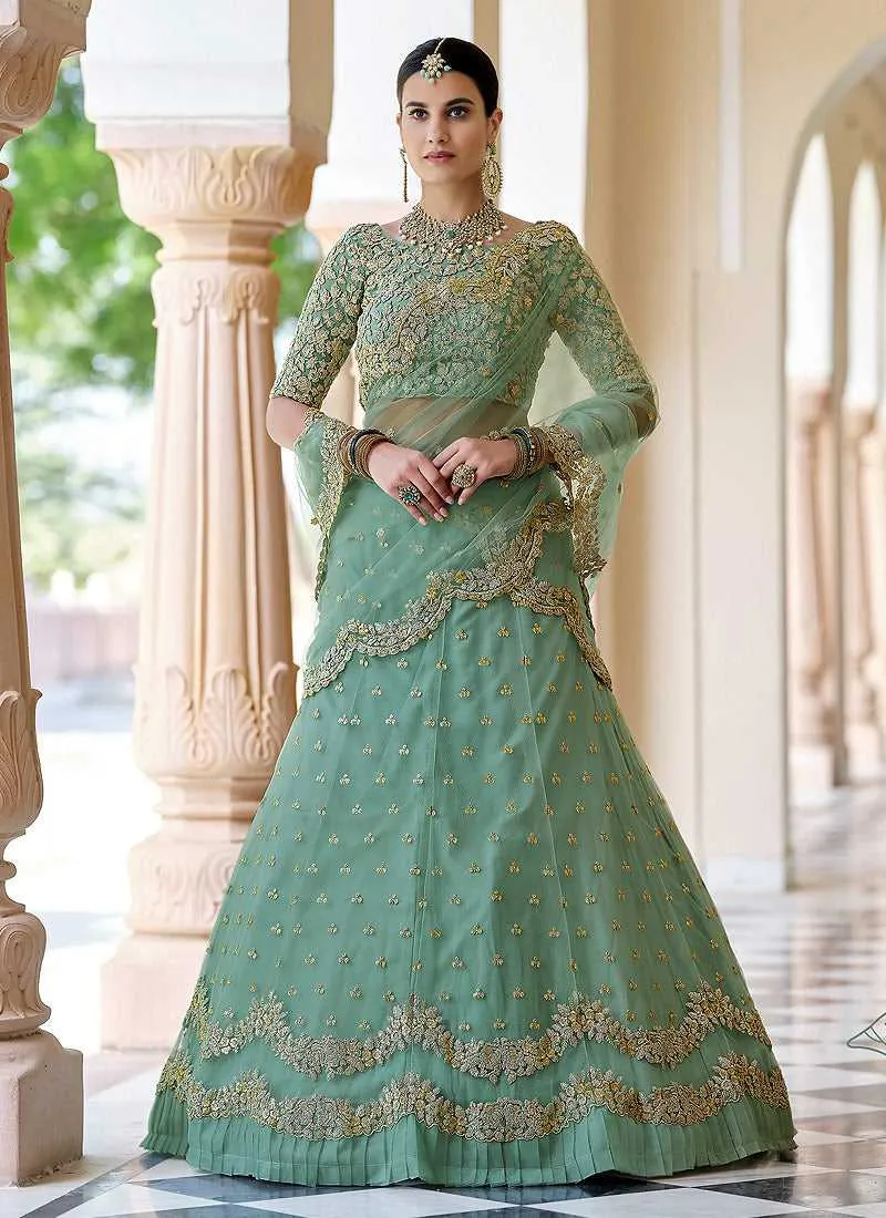 Pista Green Floral Embroidered Stylish Wedding Lehenga
