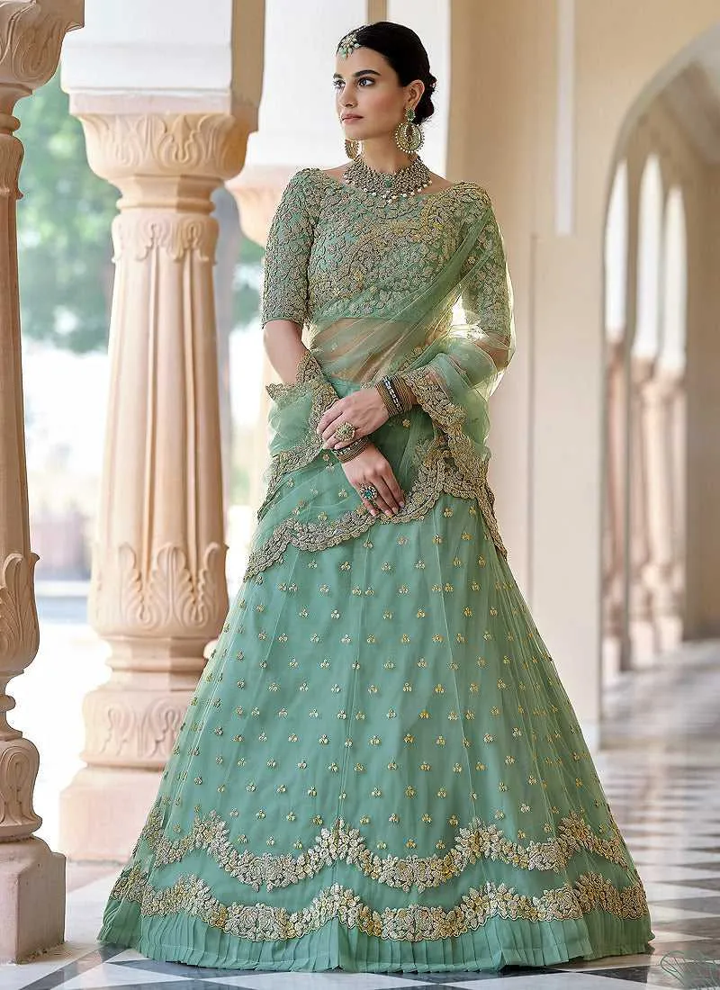 Pista Green Floral Embroidered Stylish Wedding Lehenga