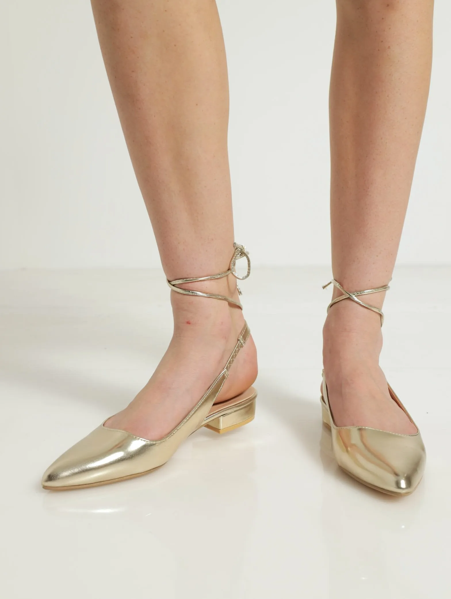 Pointed Slingback Lace-Up Block Heel - Gold