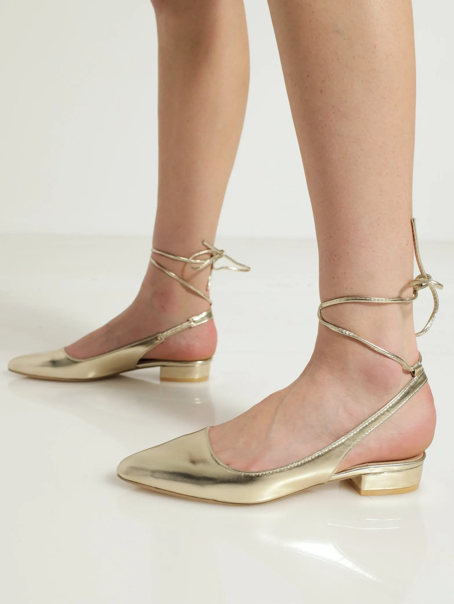 Pointed Slingback Lace-Up Block Heel - Gold