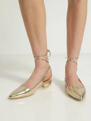 Pointed Slingback Lace-Up Block Heel - Gold