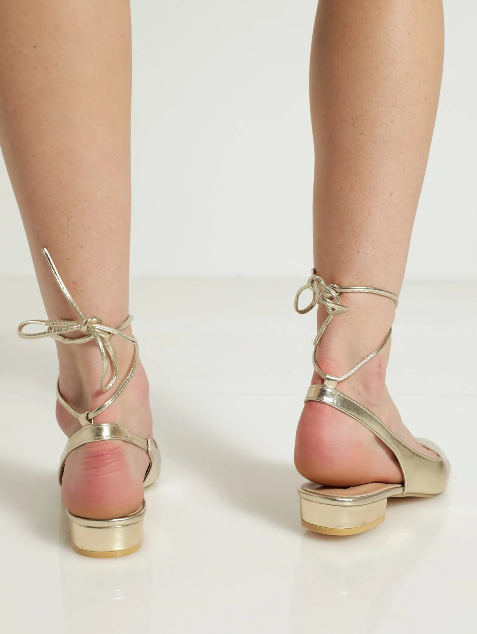 Pointed Slingback Lace-Up Block Heel - Gold