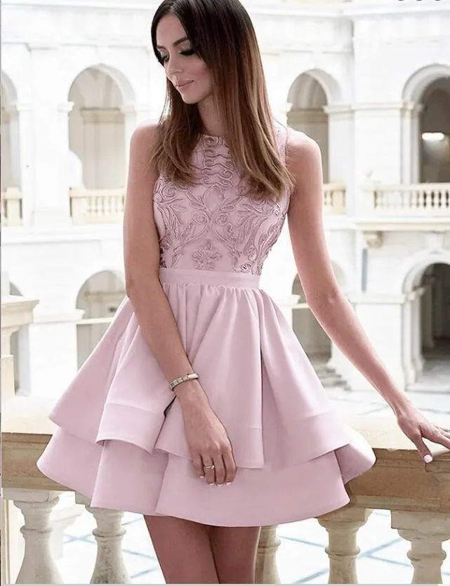Pretty Bateau Short Pink Satin Homecoming Party Dresses with Appliques HD0092