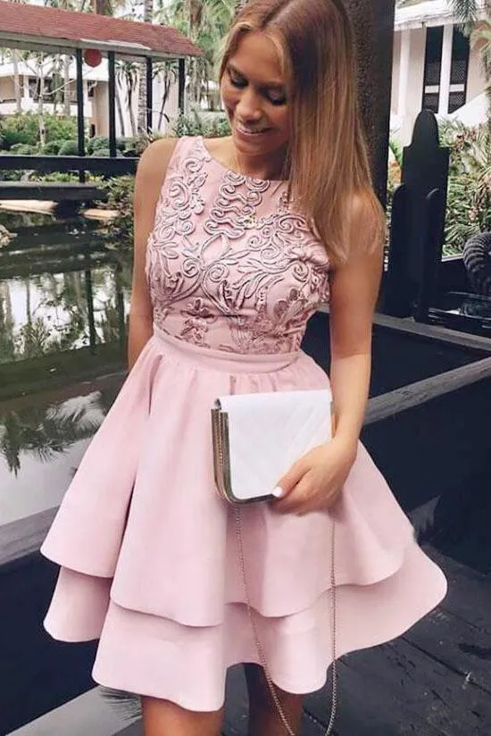 Pretty Bateau Short Pink Satin Homecoming Party Dresses with Appliques HD0092