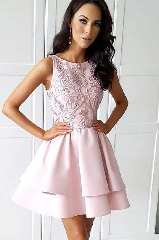 Pretty Bateau Short Pink Satin Homecoming Party Dresses with Appliques HD0092