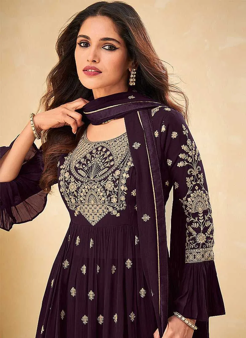 Purple and Gold Embroidered Stylish Sharara Suit