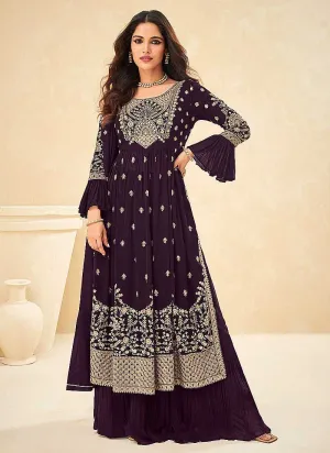Purple and Gold Embroidered Stylish Sharara Suit