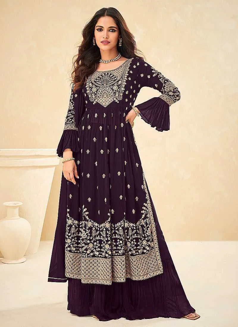 Purple and Gold Embroidered Stylish Sharara Suit