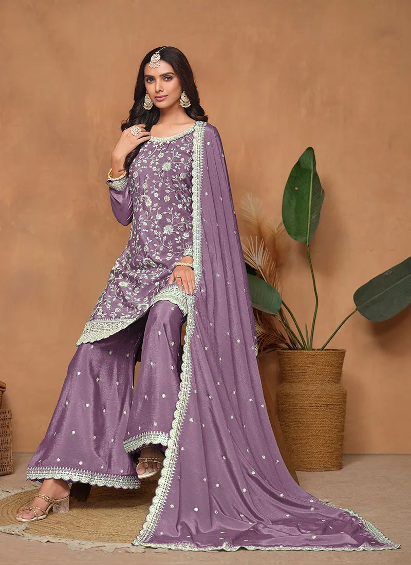 Purple Embroidery Festive Palazzo Suit